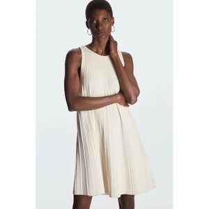 COS Dress Women Large Ivory Pleated Ribbed Knit A Line Mini Preppy Designer